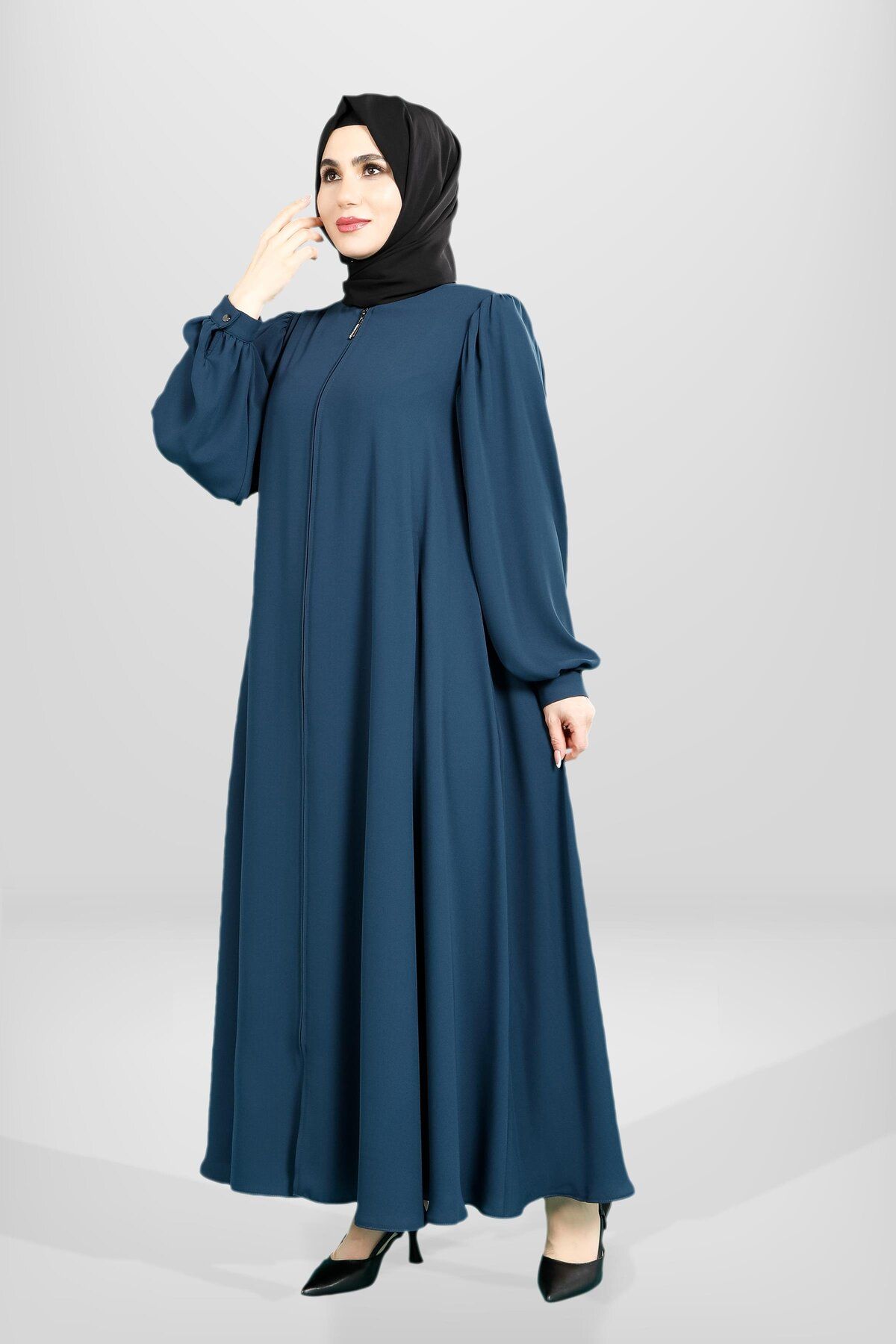 مانتو و عبای پوشیده زنانه آستین کوتاه زیپ با نفتی FERACE 3904 Beyza