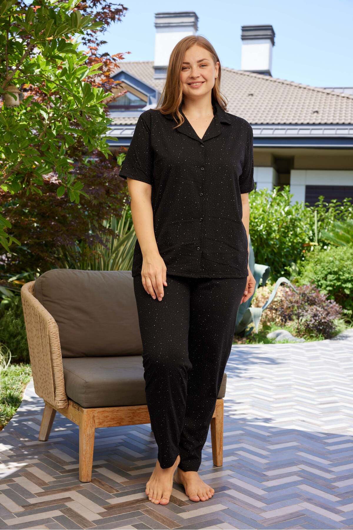 PİJAMOOD-Black Cotton Pajamas Set - Short Sleeve, Button Front, Plus Size 3