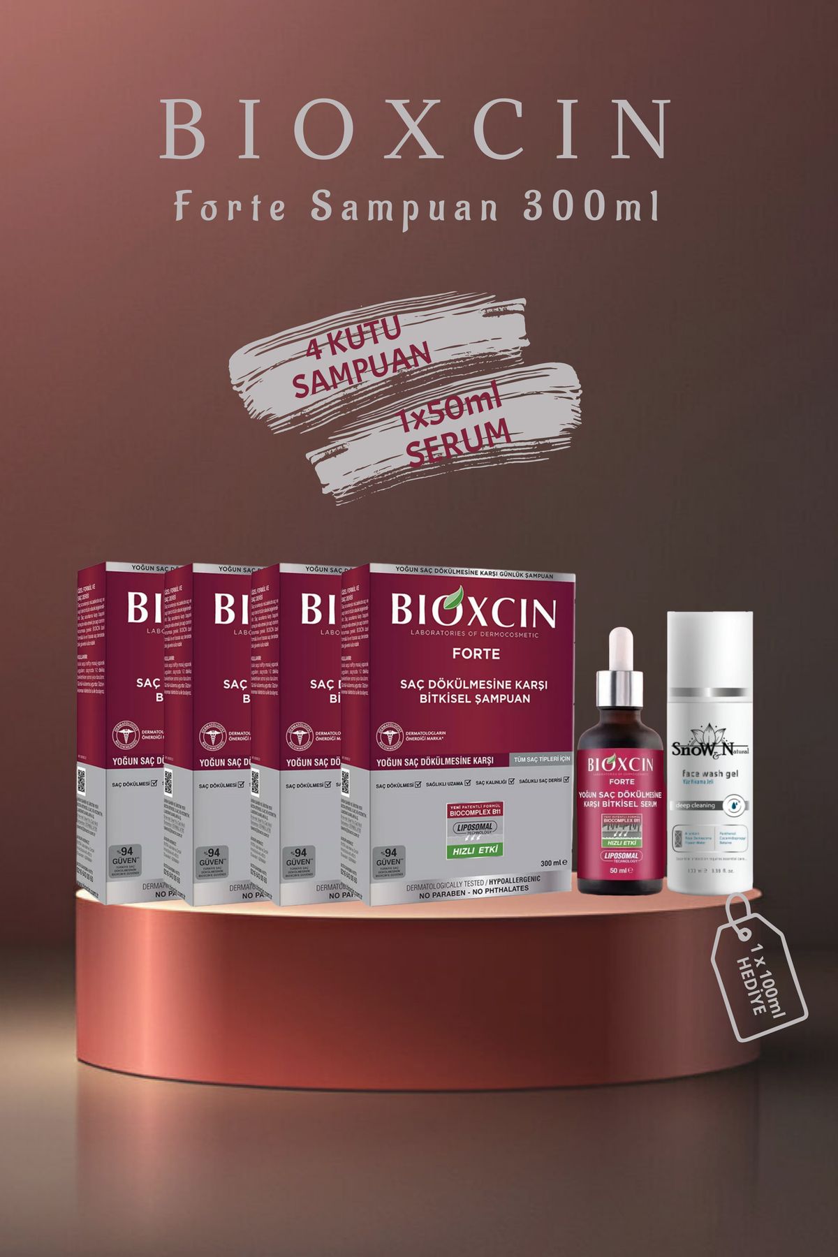 شامپو فورته انواع مو 300 میلی لیتری 4 عددی + سرم فورته 50 میلی لیتری + ست هدیه ژل Bioxcin
