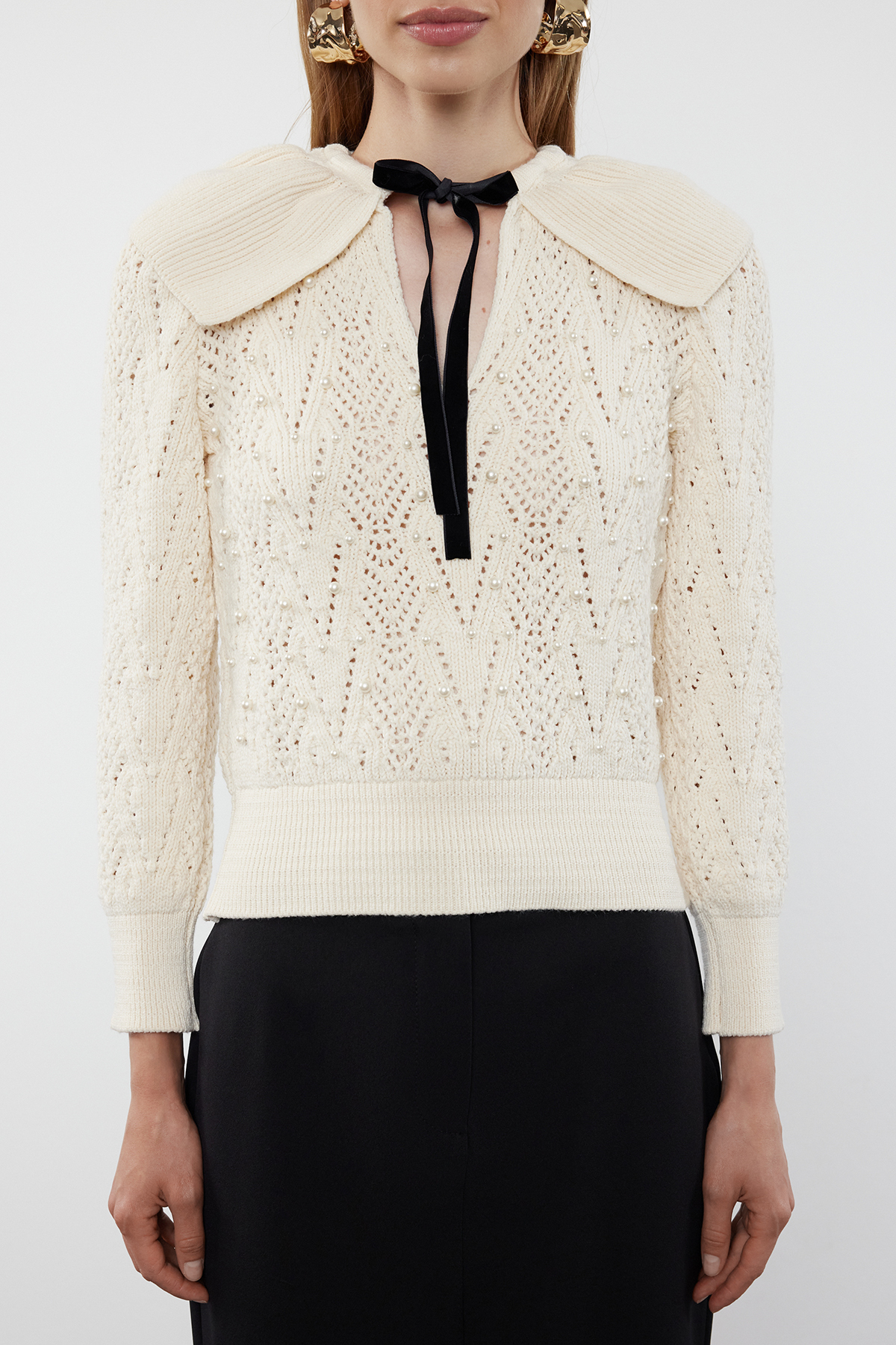 Trendyolmilla  Taş Yumuşak Dokulu Kurdele/Fiyonk Ve İnci Detaylı Polo Yaka Triko Kazak TWOAW25KZ00158 - Görsel 3