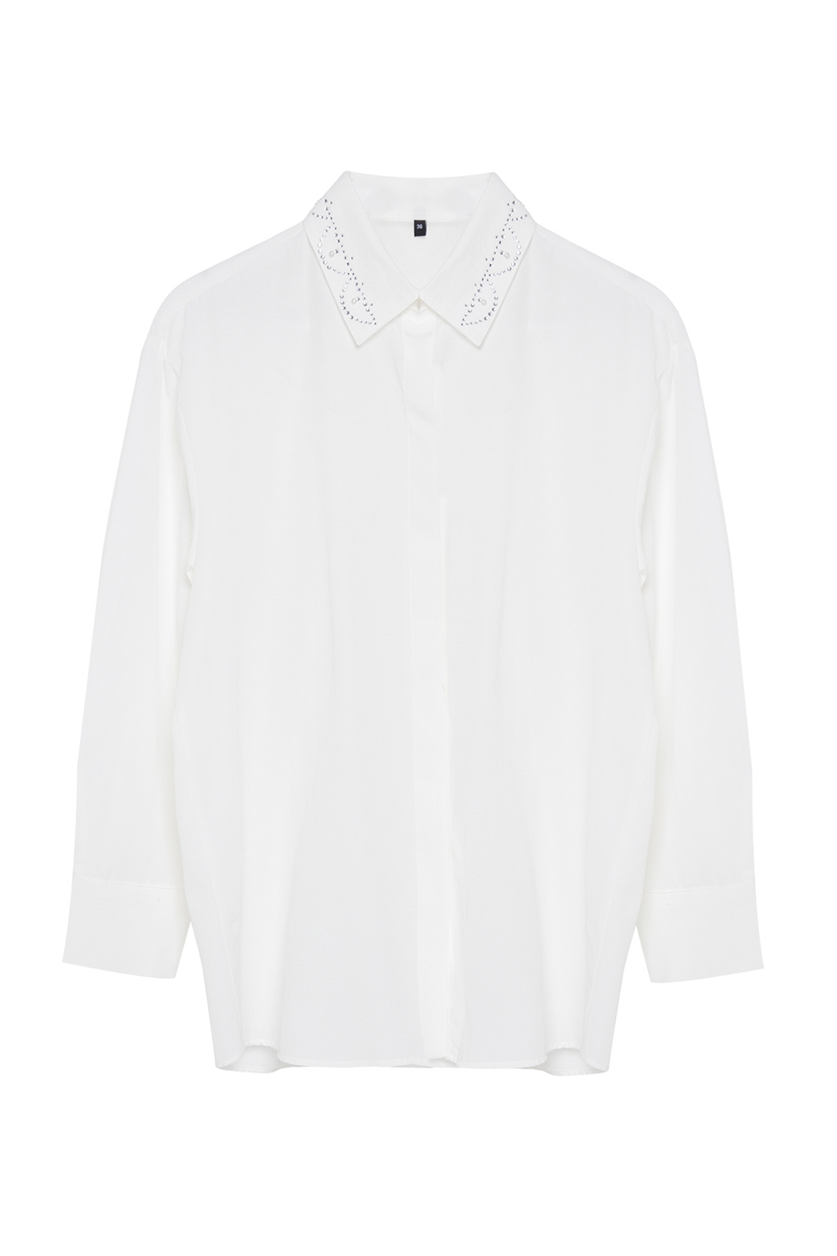 Trendyolmilla  Ekru Yakada Şerit Taş Detaylı Oversize / Geniş Kalıp Dokuma Gömlek TWOAW25GO00026 - Görsel 6