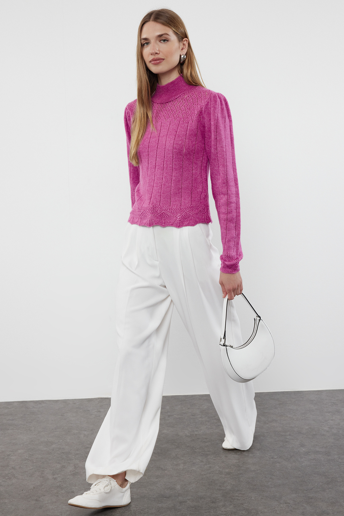 Trendyol Collection Damen Rosa Strickpullover Mit Stehkragen In Dusty Rose – Durchbrochenes Muster/Loch Für - Klein
