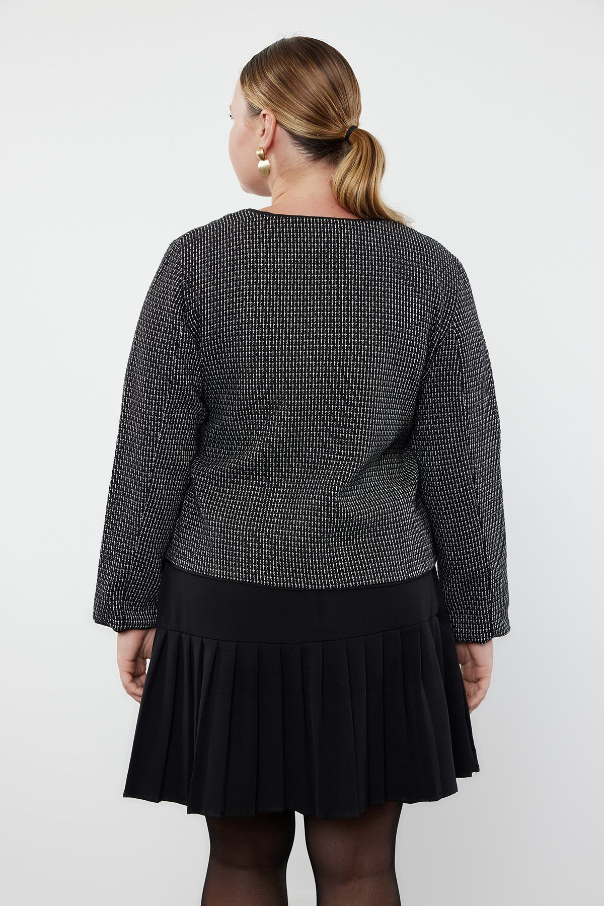 Trendyol Curve-Tweed Buttoned Jacket - Black-White Plaid, Lined TBBAW25AG00000 5