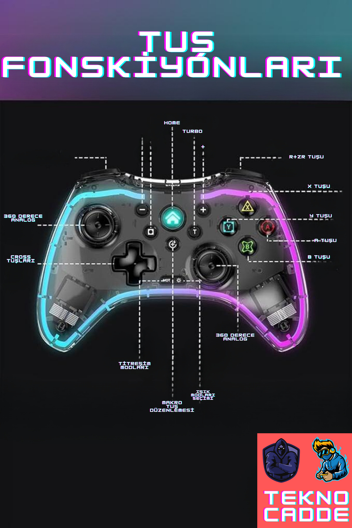 IOS/Android/Switch/Ps4/Ps3/PC/TV TURBO-MAKRO TUŞ TELEFON TUTUCULU RGB IŞIKLI Joystick 8
