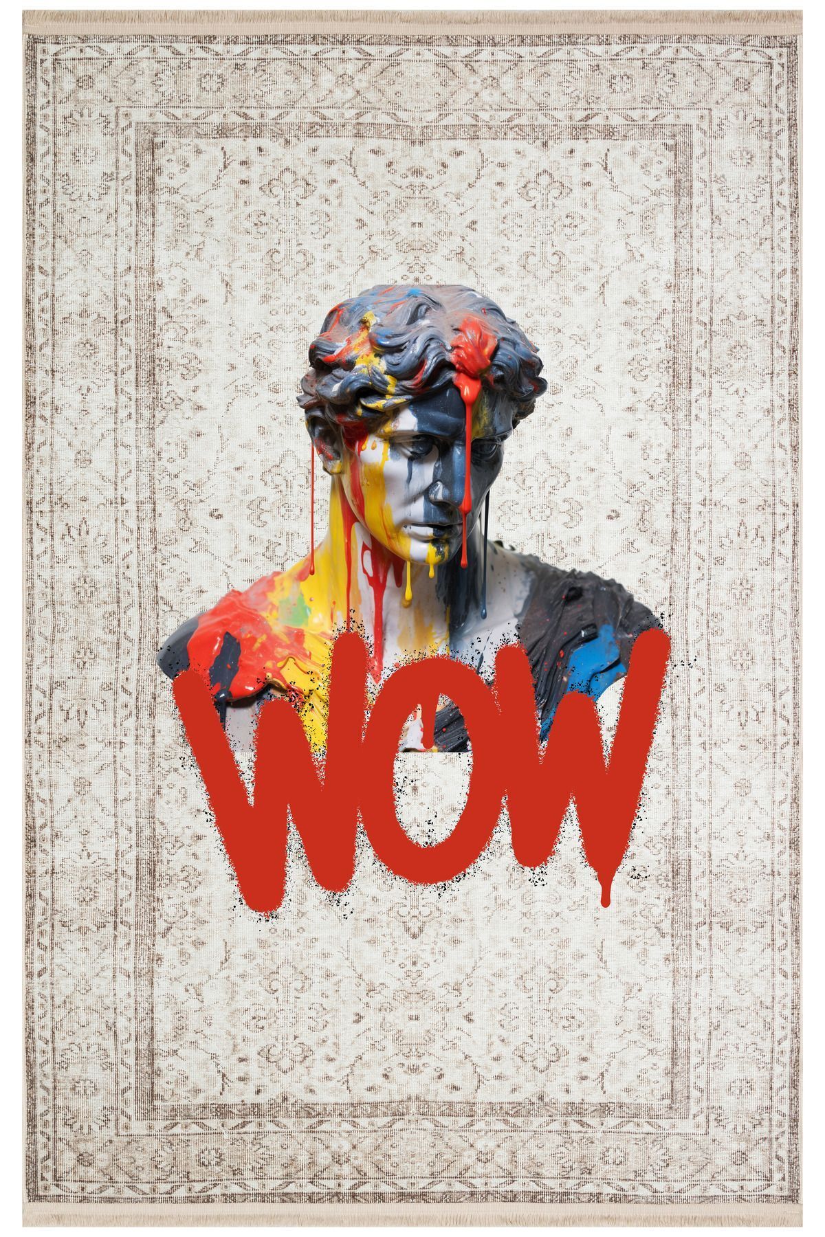 Mars 172 Bej Vintage Wow Yazılı Heykel Art Modern Dokuma Taban Halı