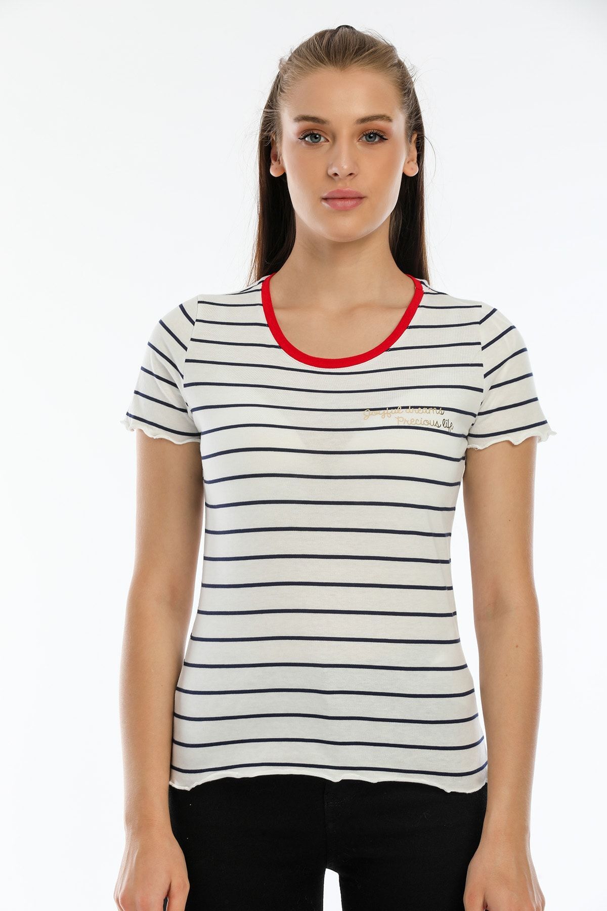 Ecru Striped Print Detailed Crew Neck Basic
