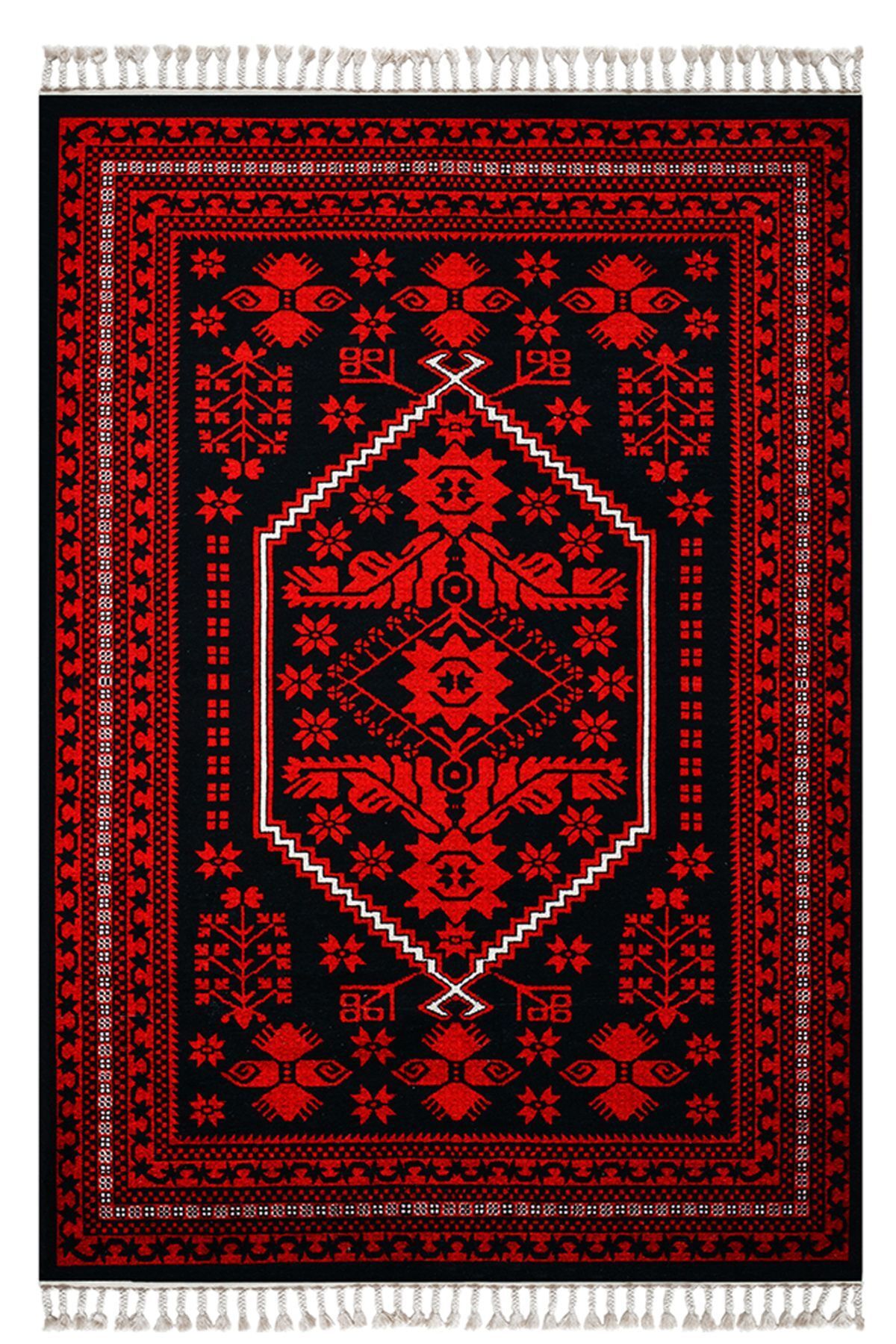 Mars 2009 Kırmızı Siyah Bordürlü Etnik Vintage Görünüm Dokuma Taban Halı
