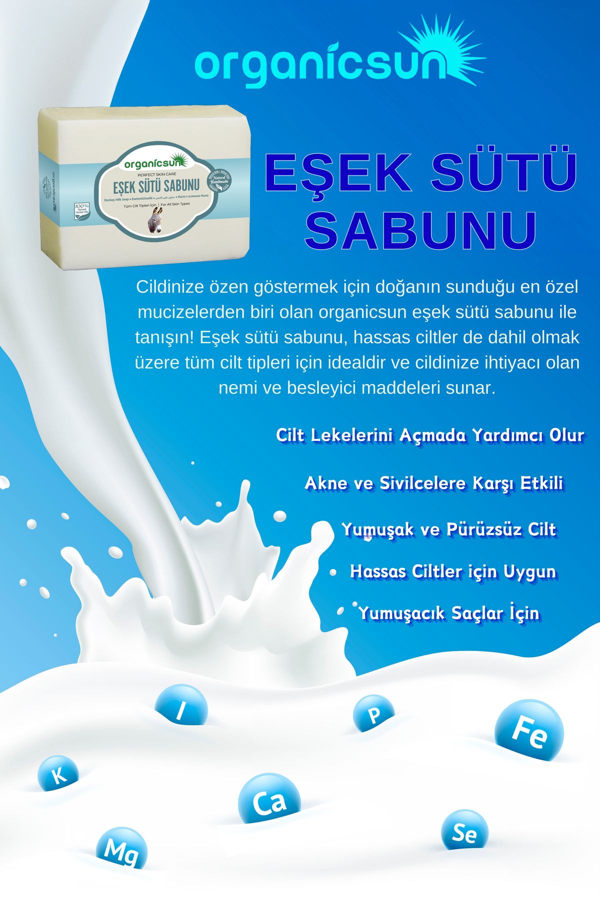 صابون طبیعی شیر الاغ 140 گرم در 3 عدد. ضد پیری موثر برای انواع پوست، ویتامین B و E Organicsun