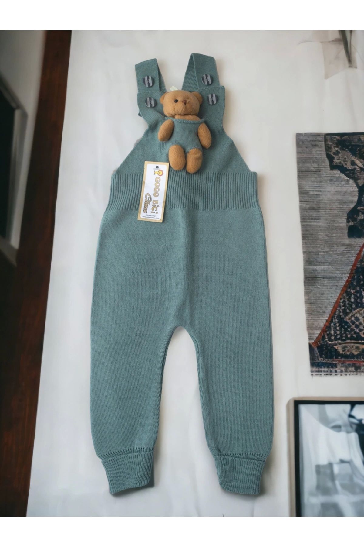 Teddy Bear Buttoned Baby Kids Knitwear Dungaree Mint