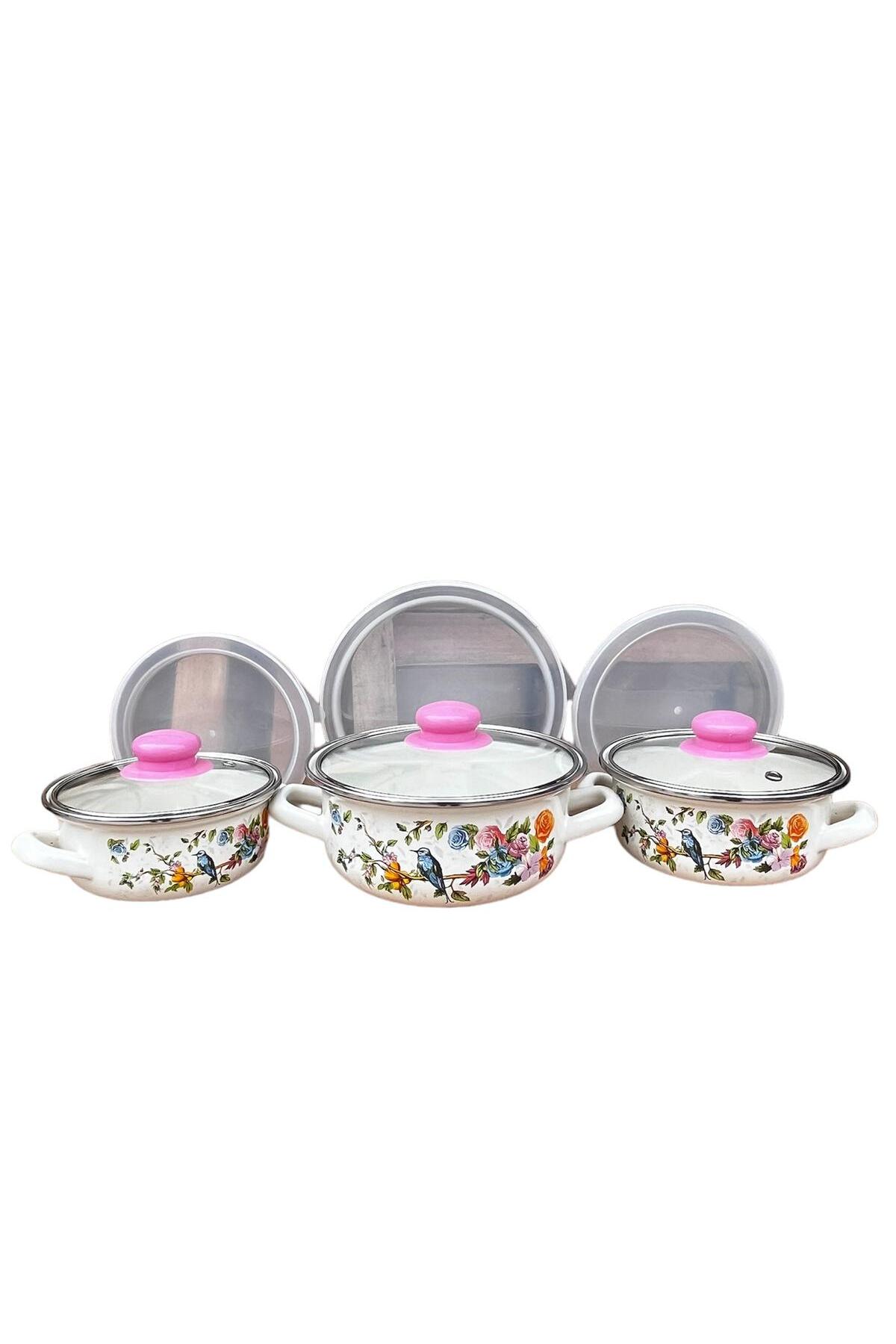 Pişir Sakla Tencere Seti Emaye Pişir Sakla Tencere Seti 9 Parça Kuş Desenli