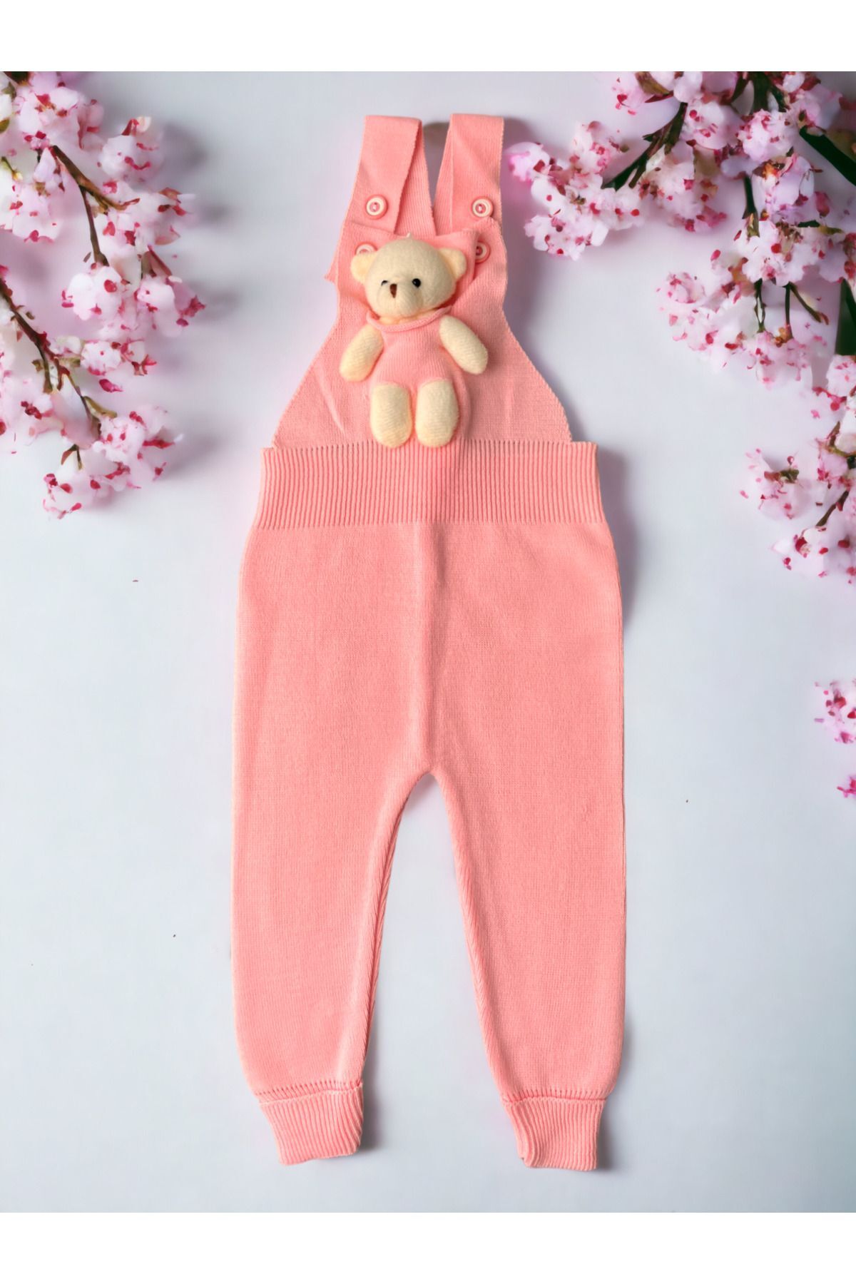 Teddy Bear Buttoned Baby Kids Knitwear Dungaree Light Pink
