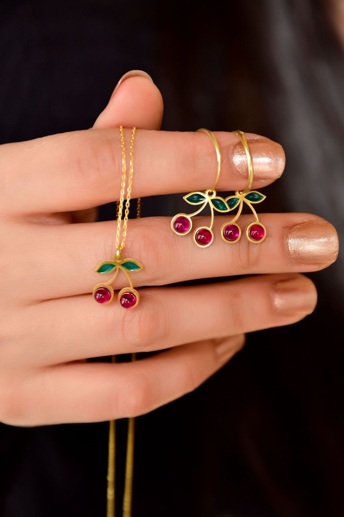 Sinsirella 925 Ayar Gümüş Gold Kaplama Özel Tasarım Kırmızı Kiraz Kolye ve Küpe Set