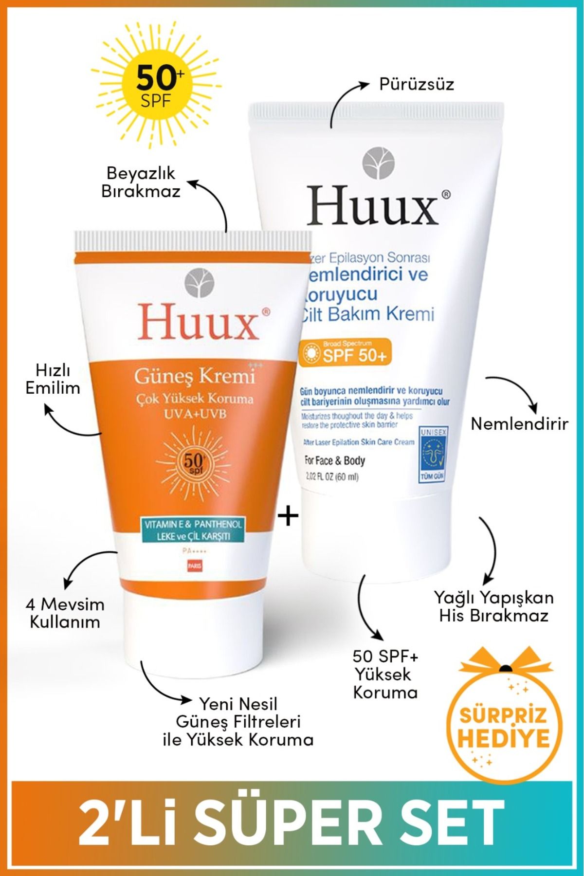Huux Yeni Nesil Spf50+ Güneş Kremi - Lazer Epilasyon Ve Ağda Sonrasi Cilt Bakim Ve Güneş Kremi