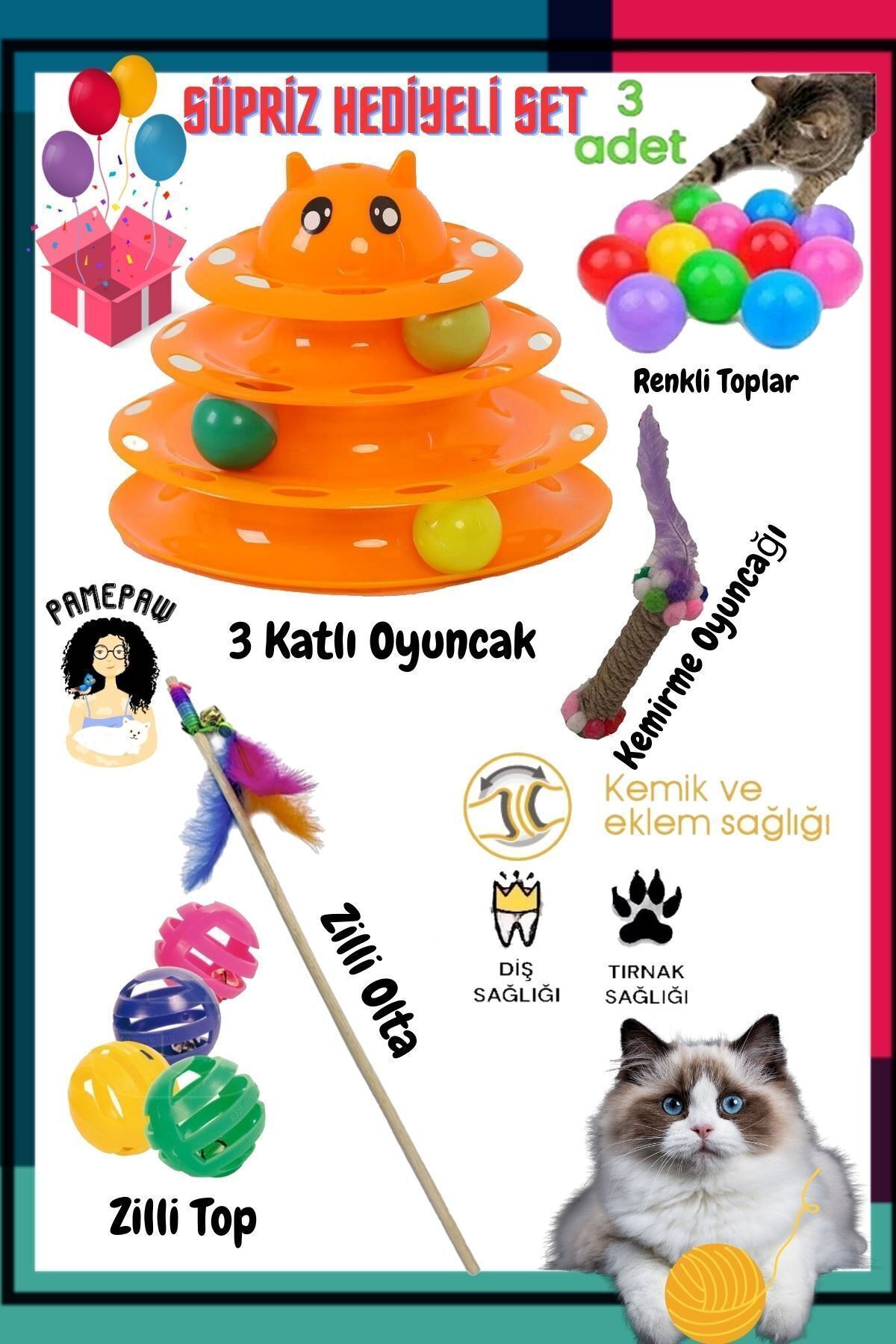 8'li Set:3'lü Renkli Top+Kedi Oltası+3 Katlı Oyuncak+çıngıraklı Top+Tırmalama Oyuncak+SÜPRİZ HEDİYE