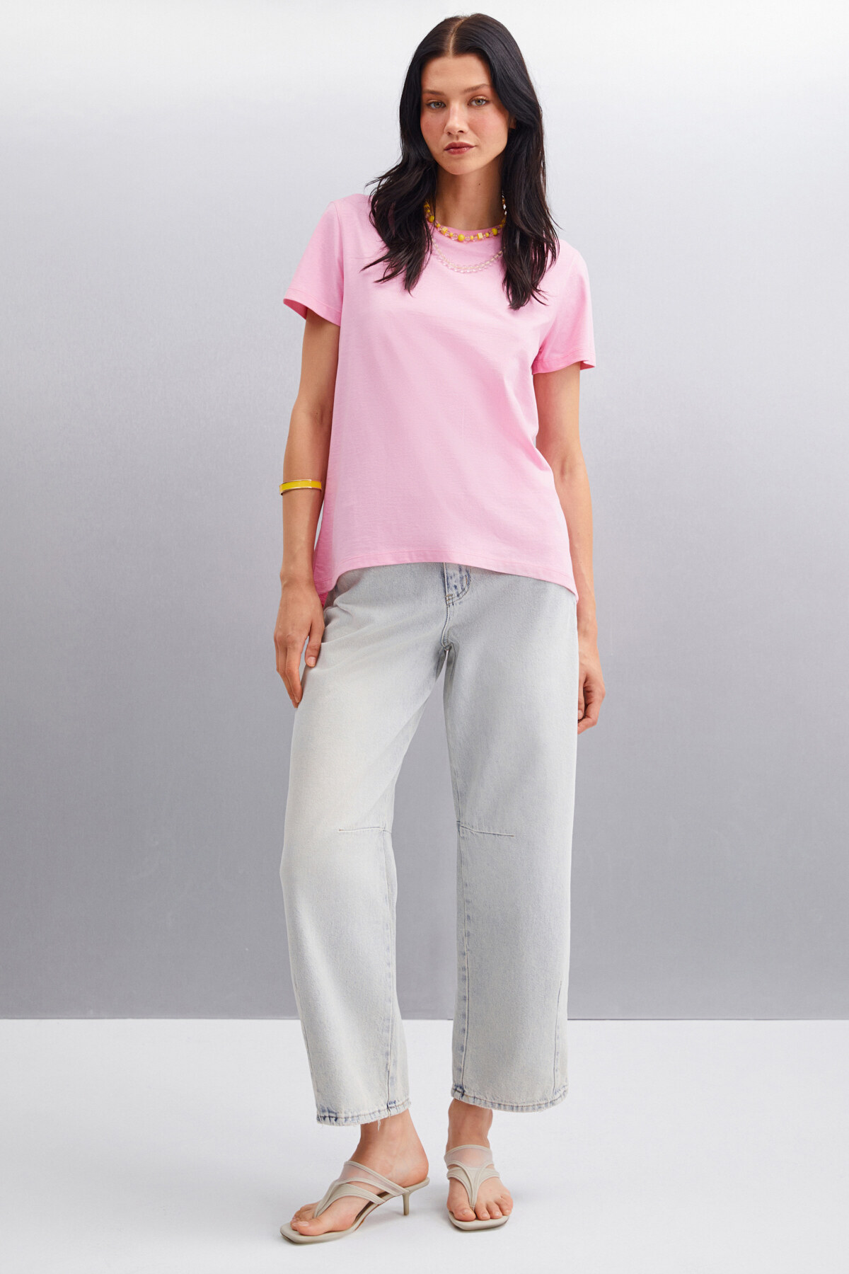 GRIMELANGE  Samantha Kadın %100 Organik Pamuklu Comfort Fit Arkası Uzun Basic Örme Pembe T-shirt - Görsel 2