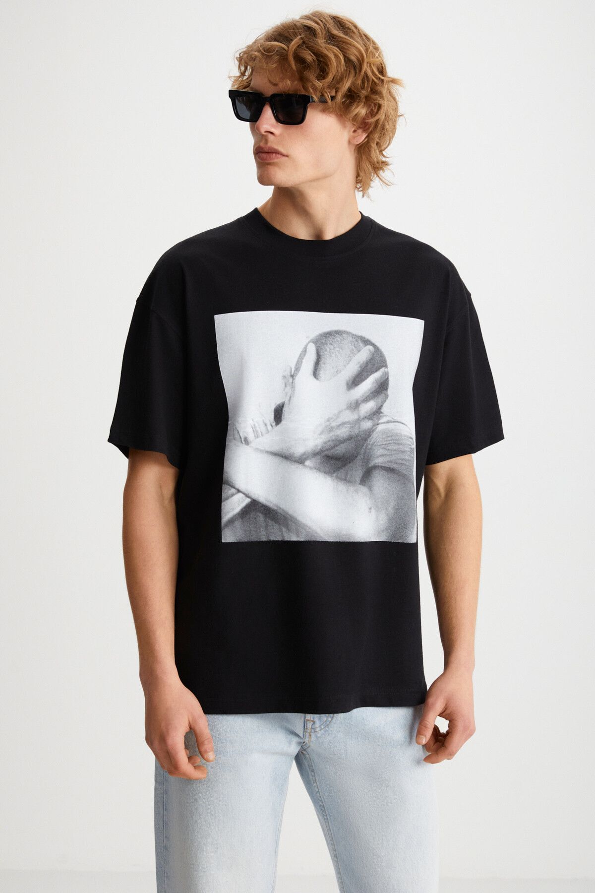GRIMELANGE-Tricou negru din bumbac organic Elvis pentru bărbați, cu imprimeu cu textura groasă, cu croiala supradimensionată și 100 4