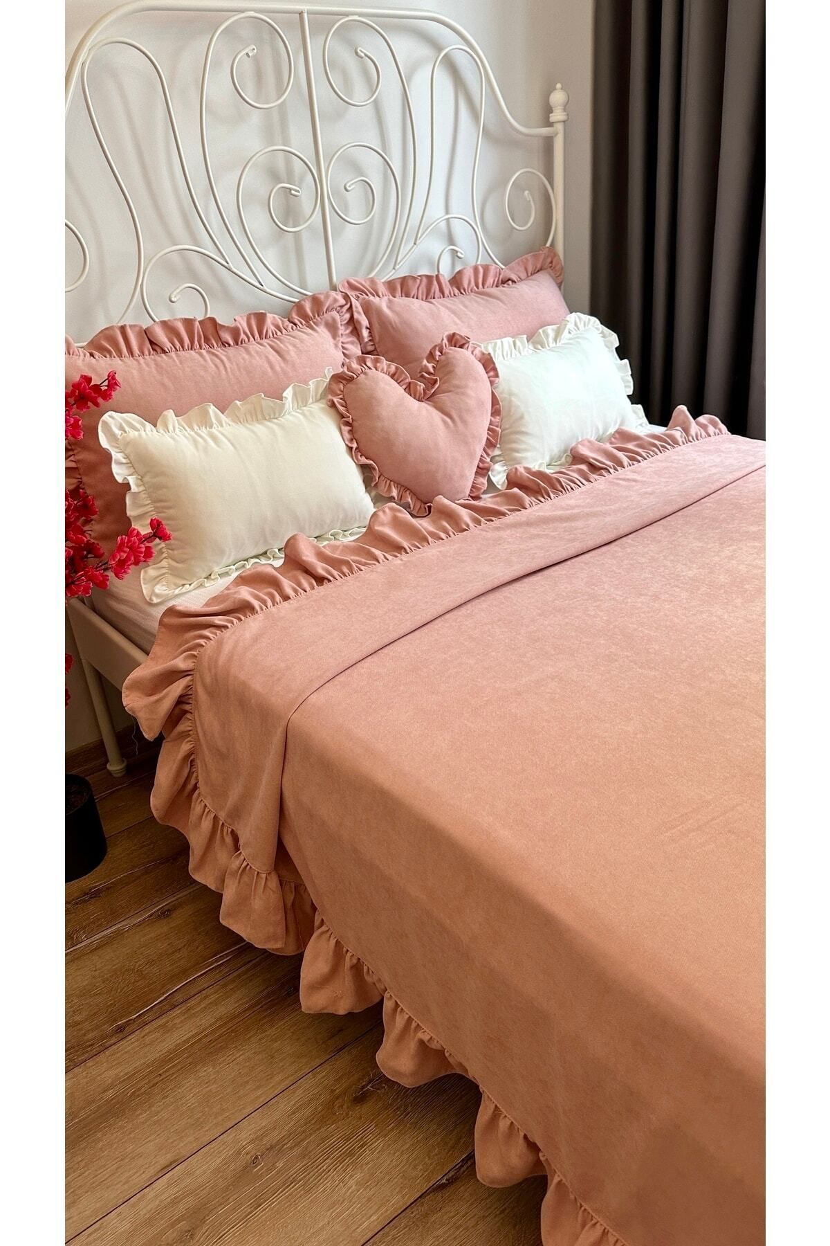Decamor home-طقم مفرش سرير وردي مسحوق مكشكش لشخص واحد 8