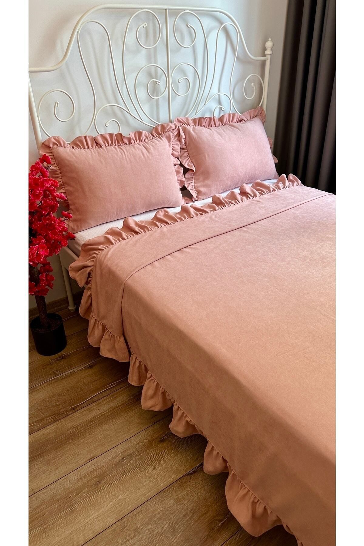 Decamor home-طقم مفرش سرير وردي مسحوق مكشكش لشخص واحد 6