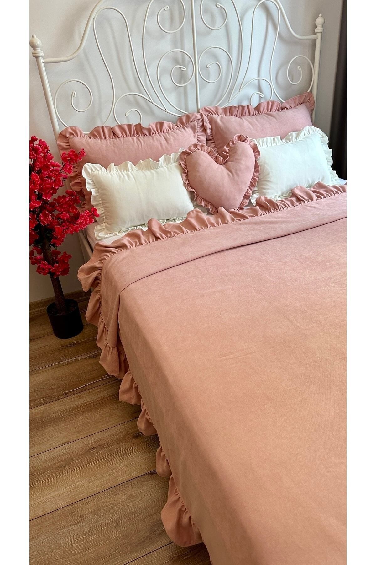 Decamor home-طقم مفرش سرير وردي مسحوق مكشكش لشخص واحد 4