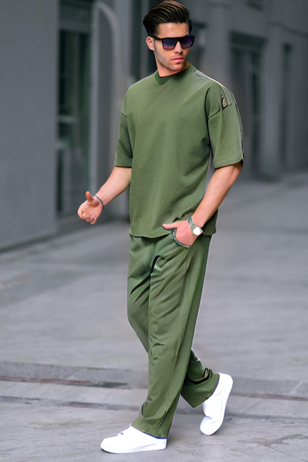 Erkek Yazlık Bisiklet Yaka Oversize Eşofman Takımı — سبز ykmltkstl2 — تصویر 2 از 2