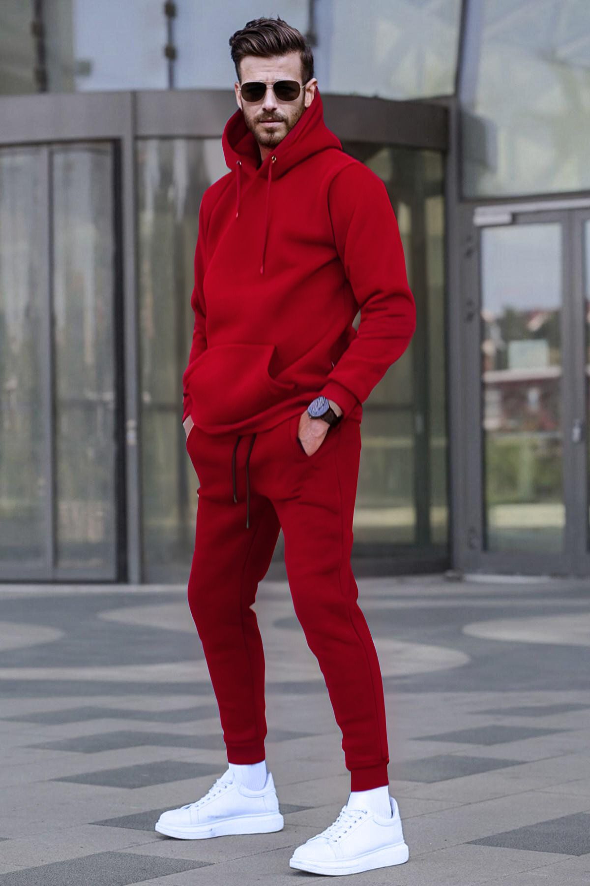men's burgundy hooded pouffe 3-point raised cotton tracksuit