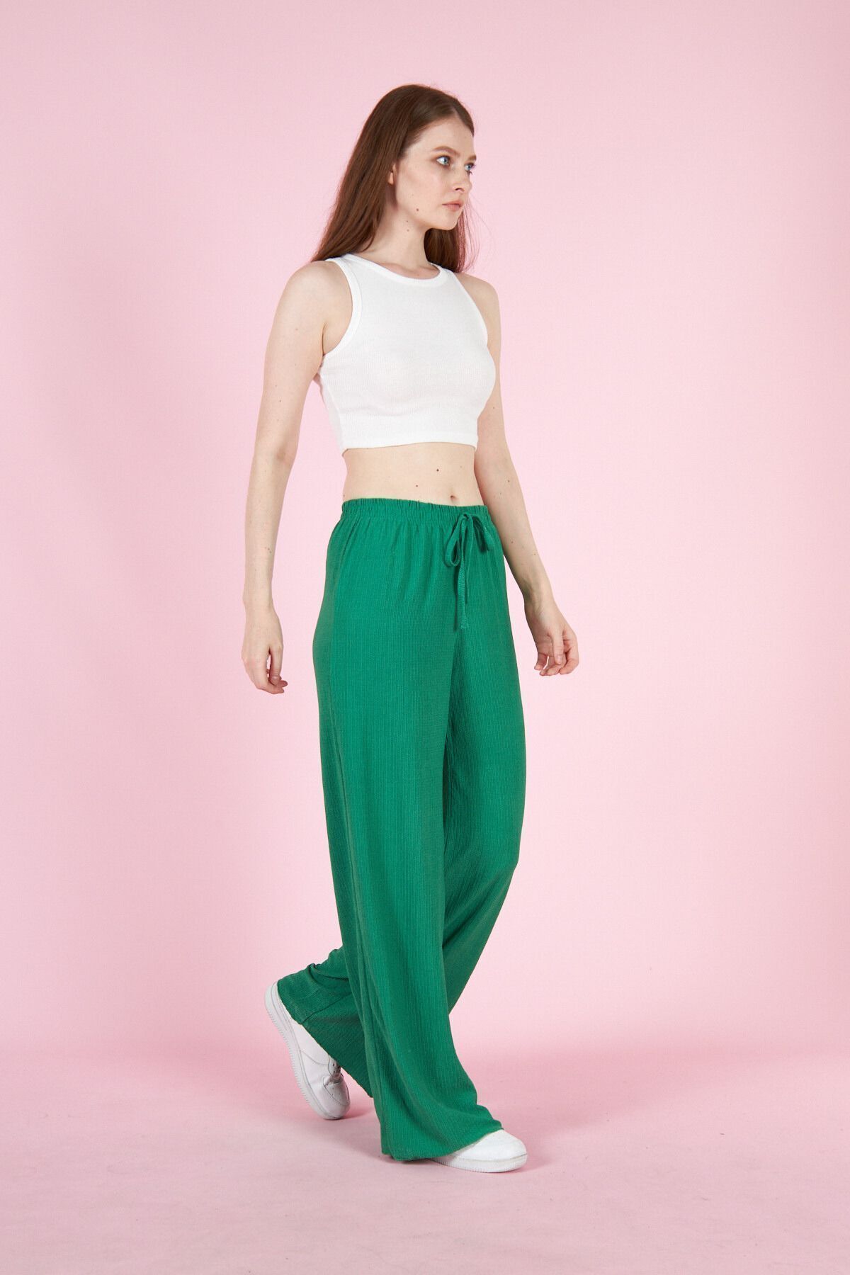 YAKAMEL-Women's Green Textured Loose Summer Stretchy Palazzo Pants 4