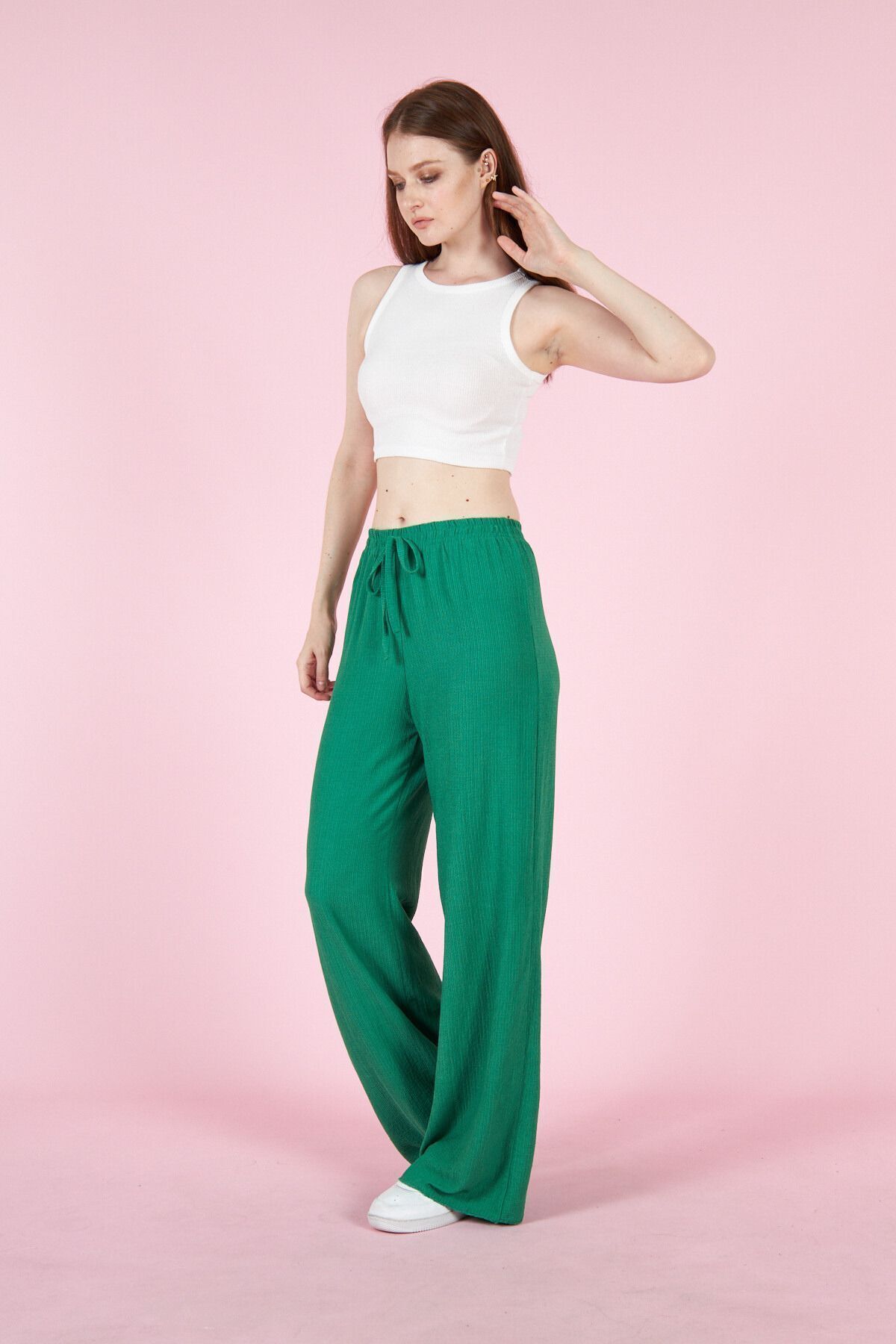 YAKAMEL-Women's Green Textured Loose Summer Stretchy Palazzo Pants 3