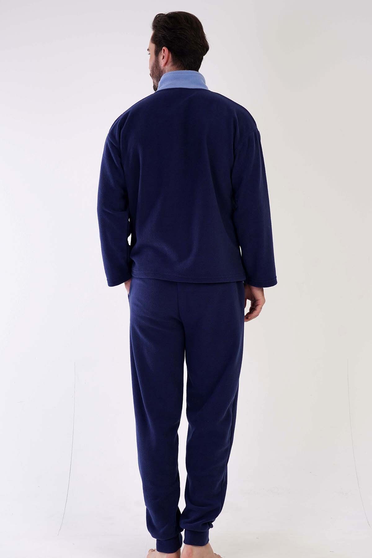 VİENETTA-Men's Fleece Collar Low Shoulder Pajama Set - Long Sleeve, 303186 4