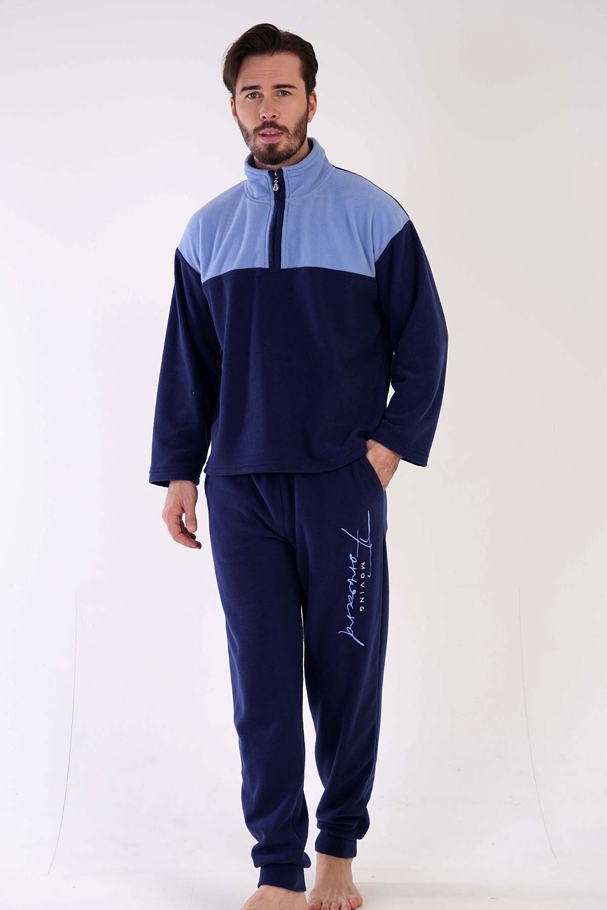 VİENETTA-Men's Fleece Collar Low Shoulder Pajama Set - Long Sleeve, 303186 1