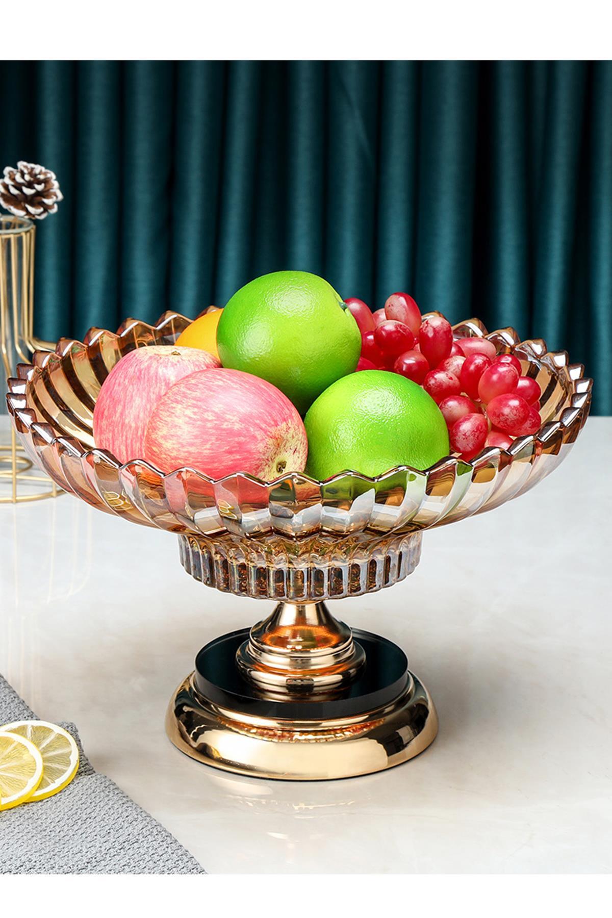 ALBETTO Kristal Cam Kase,Meyvelik, Şekerlik Metal Ayak Büyük Gold 4480