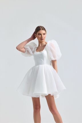 Tangül&Ali'S Moda Evi Organze Beyaz Puff Elbise