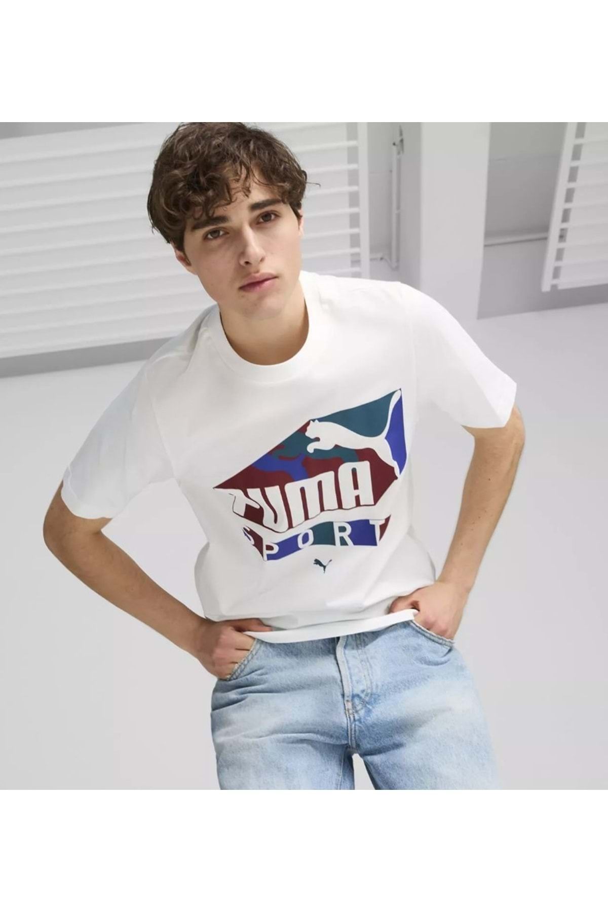 Puma 683207 02 Graphics Sports Tee Ti ort Erkek T shirt Beyaz Erkek Giyim