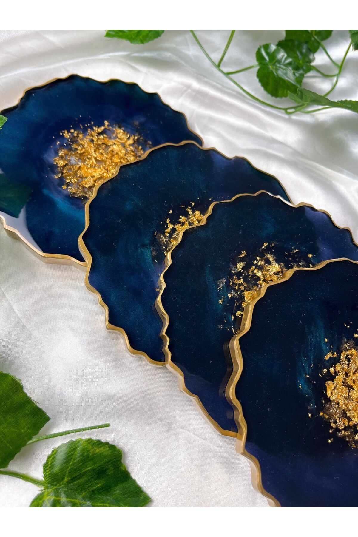 39 Art Studio-2 Pieces Geode Coasters - Blue Gold Leaf Candle Coasters 4