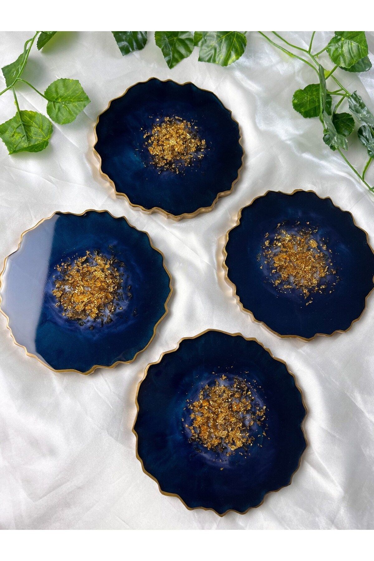 39 Art Studio-2 Pieces Geode Coasters - Blue Gold Leaf Candle Coasters 3