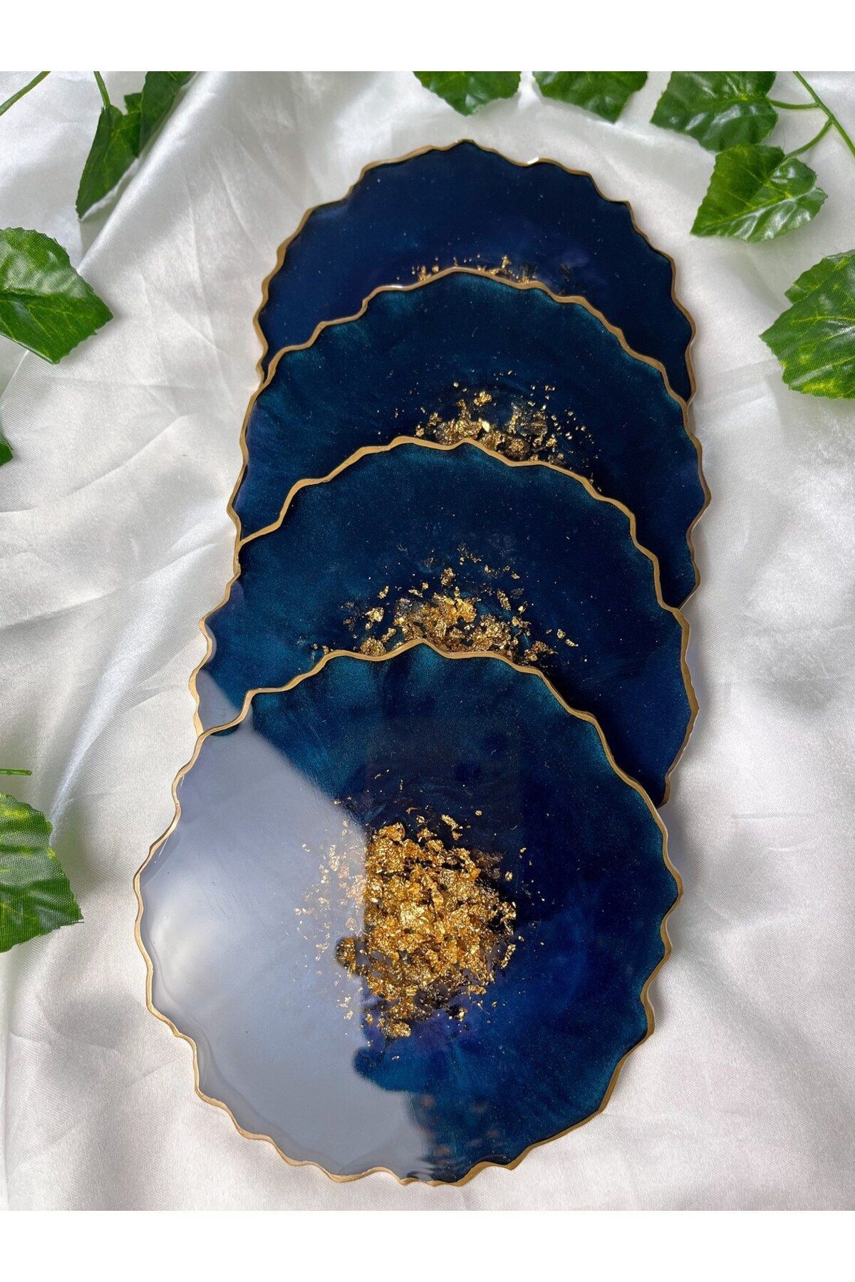 39 Art Studio-2 Pieces Geode Coasters - Blue Gold Leaf Candle Coasters 2