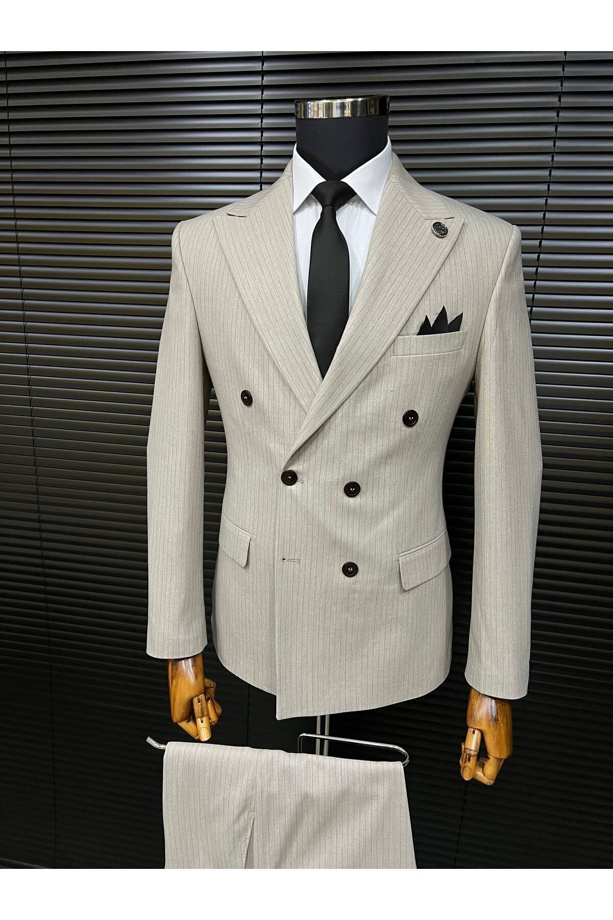 Terziayhan  bej slim fit çizgili kemik düğme kruvaze - Görsel 3