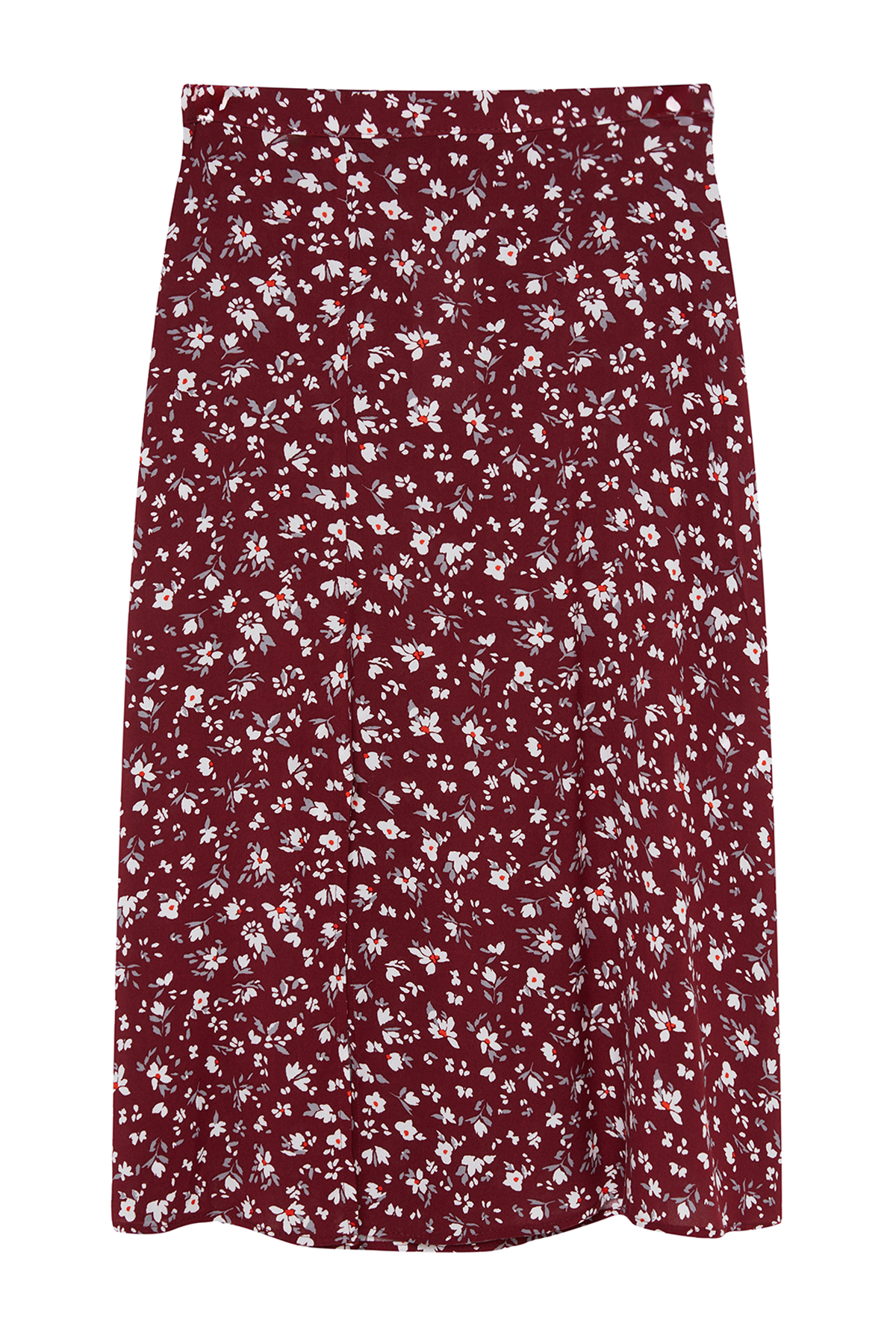 Trendyolmilla  Bordo Yırtmaç Detaylı Çiçek Desenli Viskon Kumaşlı Midi Dokuma Etek TWOSS20ET0230 - Görsel 14