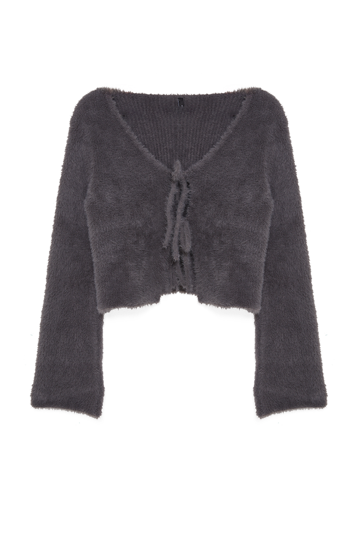 Trendyolmilla  Antrasit Crop Tüylü Bağlama Detaylı Triko Hırka TWOAW25HI00111 - Görsel 6