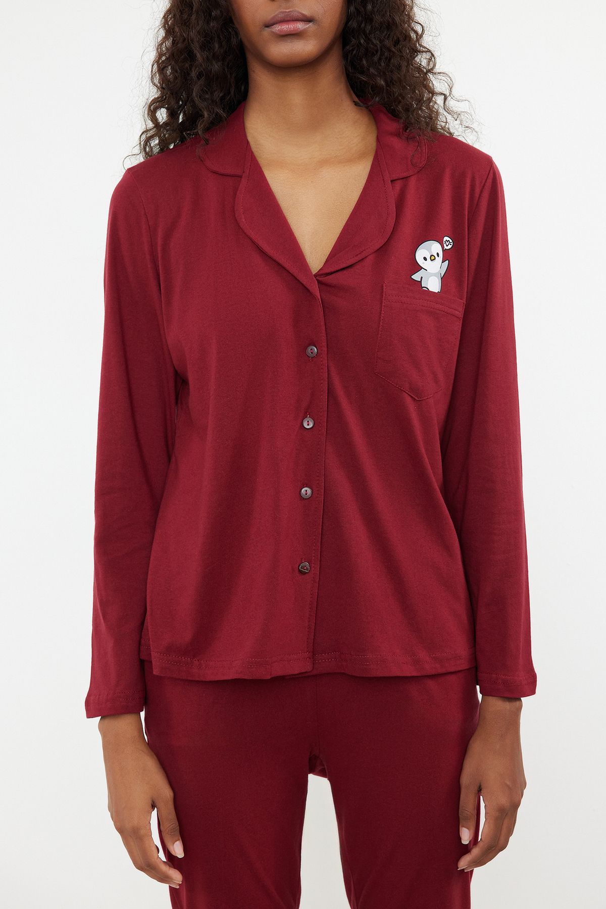 Trendyol Collection-Set pijamale tricotate burgundy cu imprimeu pinguin - 100% bumbac THMAW23PT00151 3