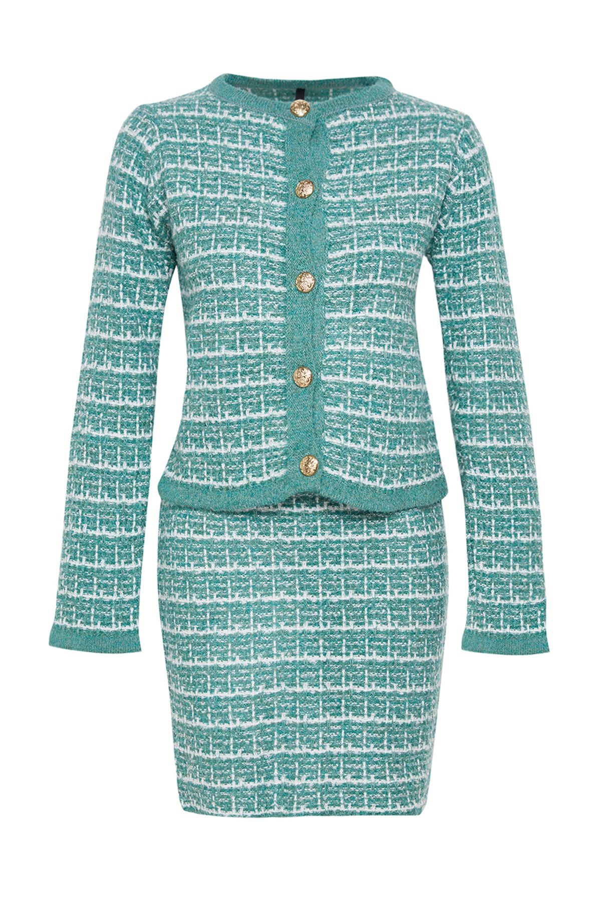 Trendyol Collection-Set de cardigan și fustă din tricotaje mentă cu textura moale - Detaliu de tricotat TWOAW24AU00001 6
