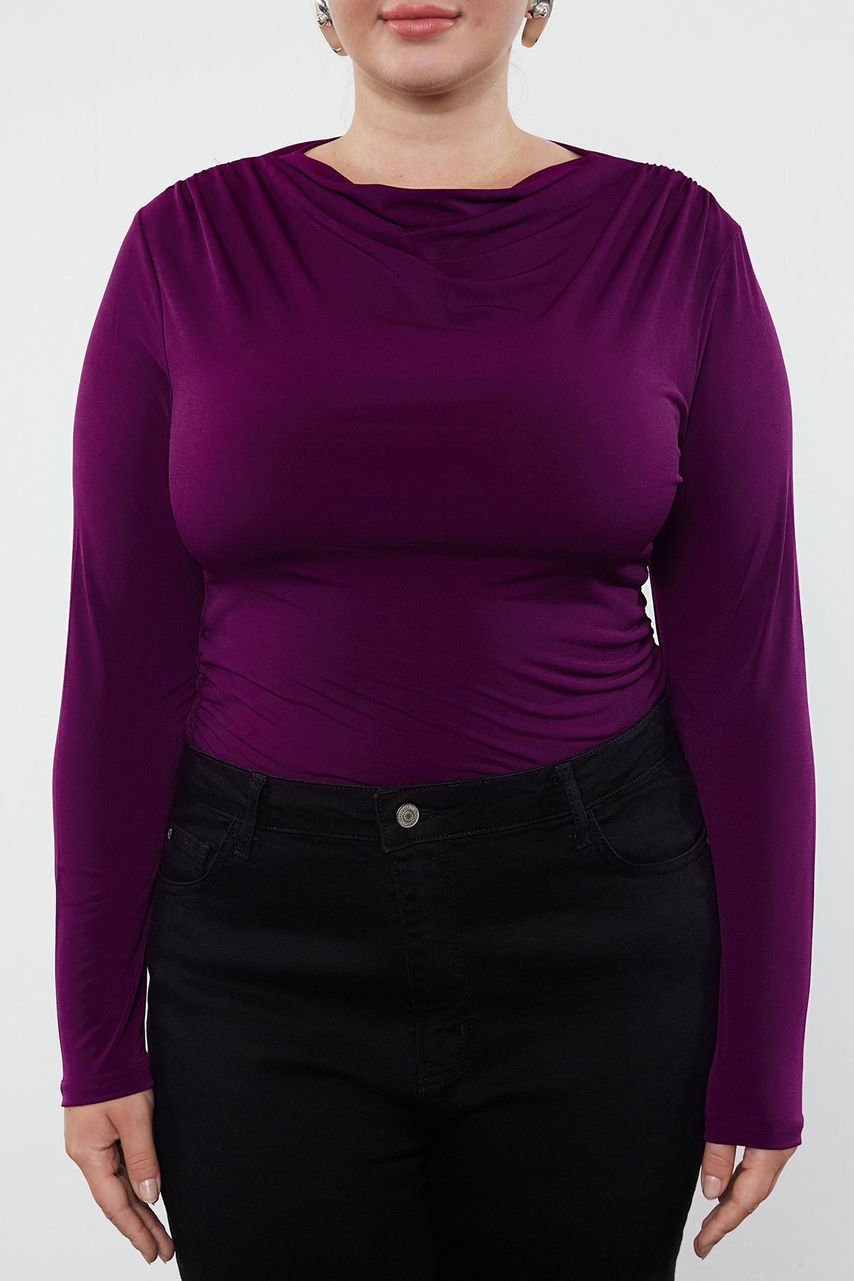 Trendyol Curve-Tělo v barvě Plum Plus velikosti - Stojací límec a podrobné informace TBBAW25CS00001 3