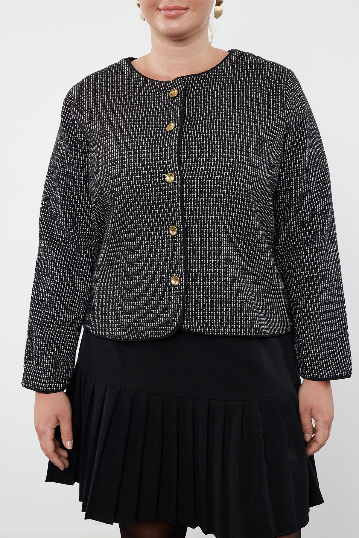 Trendyol Curve-Tweed Buttoned Jacket - Black-White Plaid, Lined TBBAW25AG00000 3