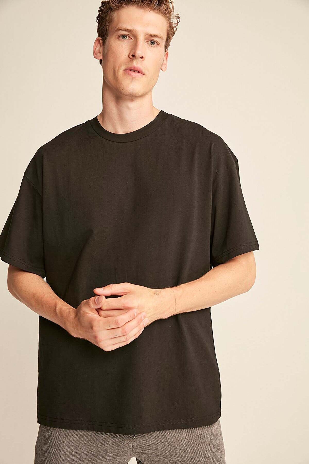 Jett Erkek Oversize Fit %100 Pamuk Kalın Dokulu Siyah T-shirt