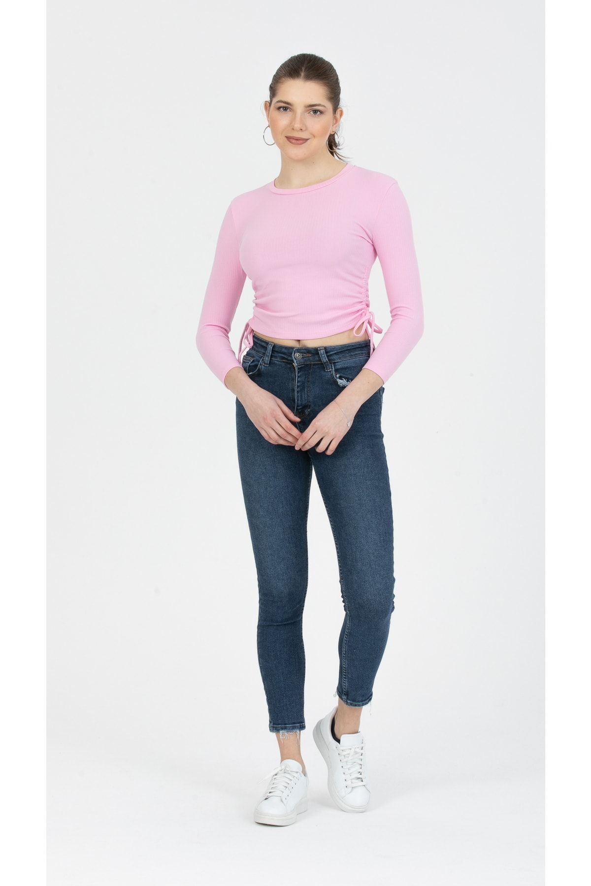 Pink Side Shirred Knitted Crop Blouse ( Slim Fit )