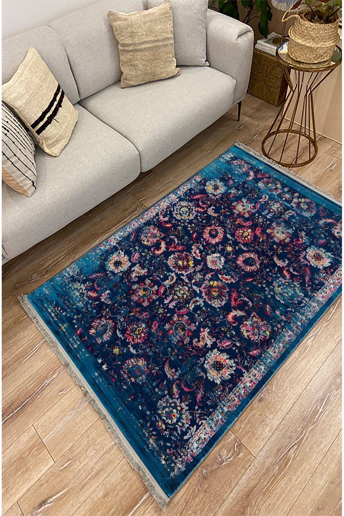 mars halı lacivert tonlarında klasık dekoratif Kilim Salon Halısı Saçaklı Yıkanabilen Halı