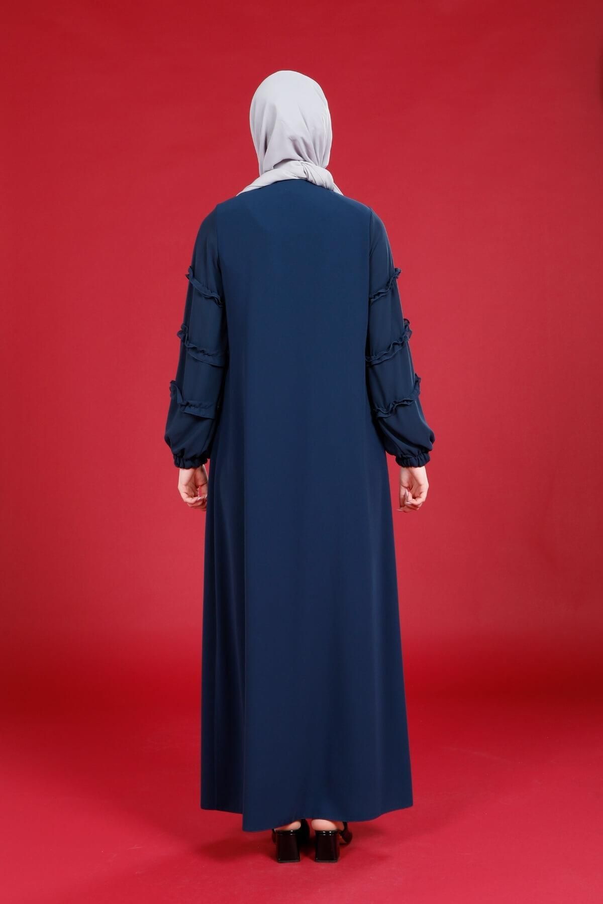 مانتو و عبای پوشیده زنانه ATLAS FRONT CLEE CLOSURE ARMS RUFFLED DISIGO COLOR SAMARA FERACE 3770 Beyza