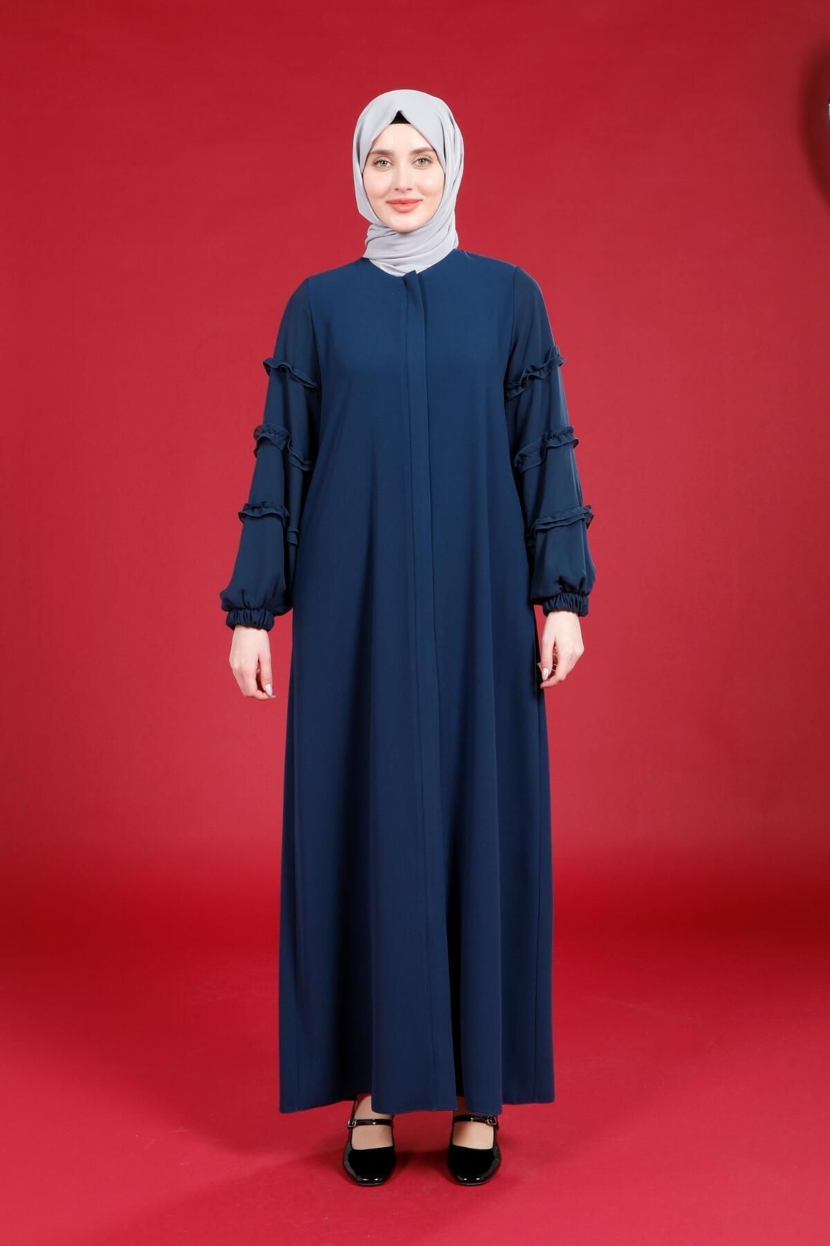 مانتو و عبای پوشیده زنانه ATLAS FRONT CLEE CLOSURE ARMS RUFFLED DISIGO COLOR SAMARA FERACE 3770 Beyza