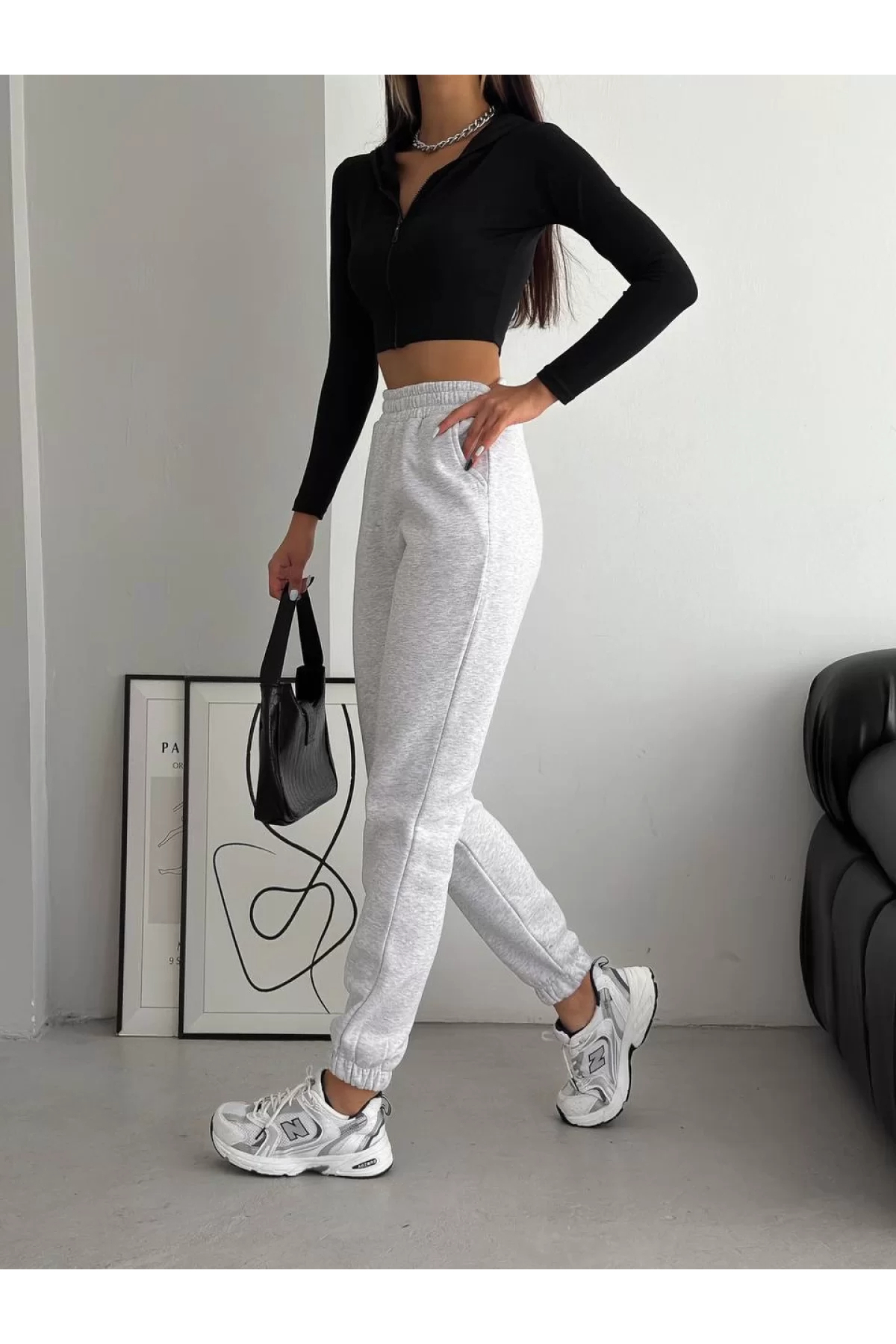 Jose Clothing Дамски сиви меланжирани панталони от тренировъчен костюм с удобна кройка