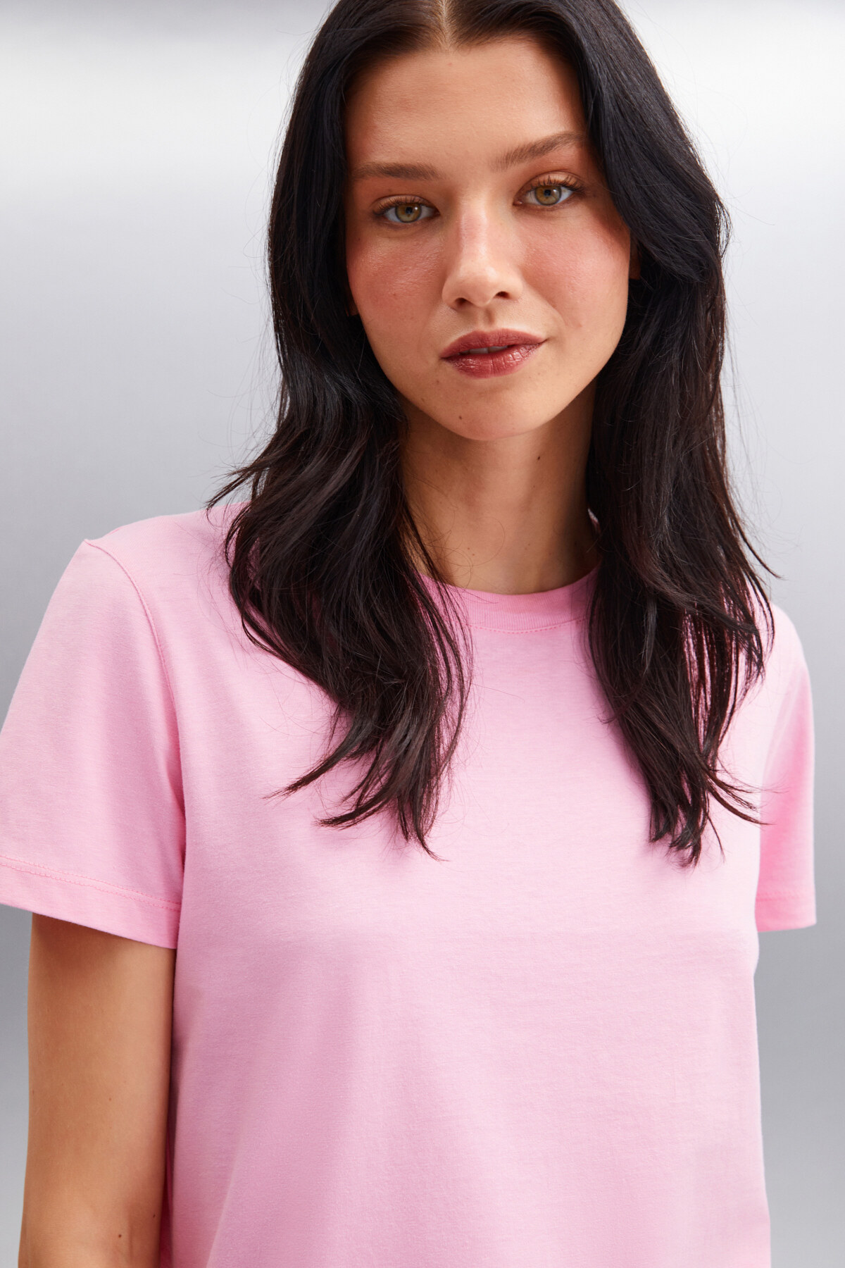 GRIMELANGE  Samantha Kadın %100 Organik Pamuklu Comfort Fit Arkası Uzun Basic Örme Pembe T-shirt - Görsel 5