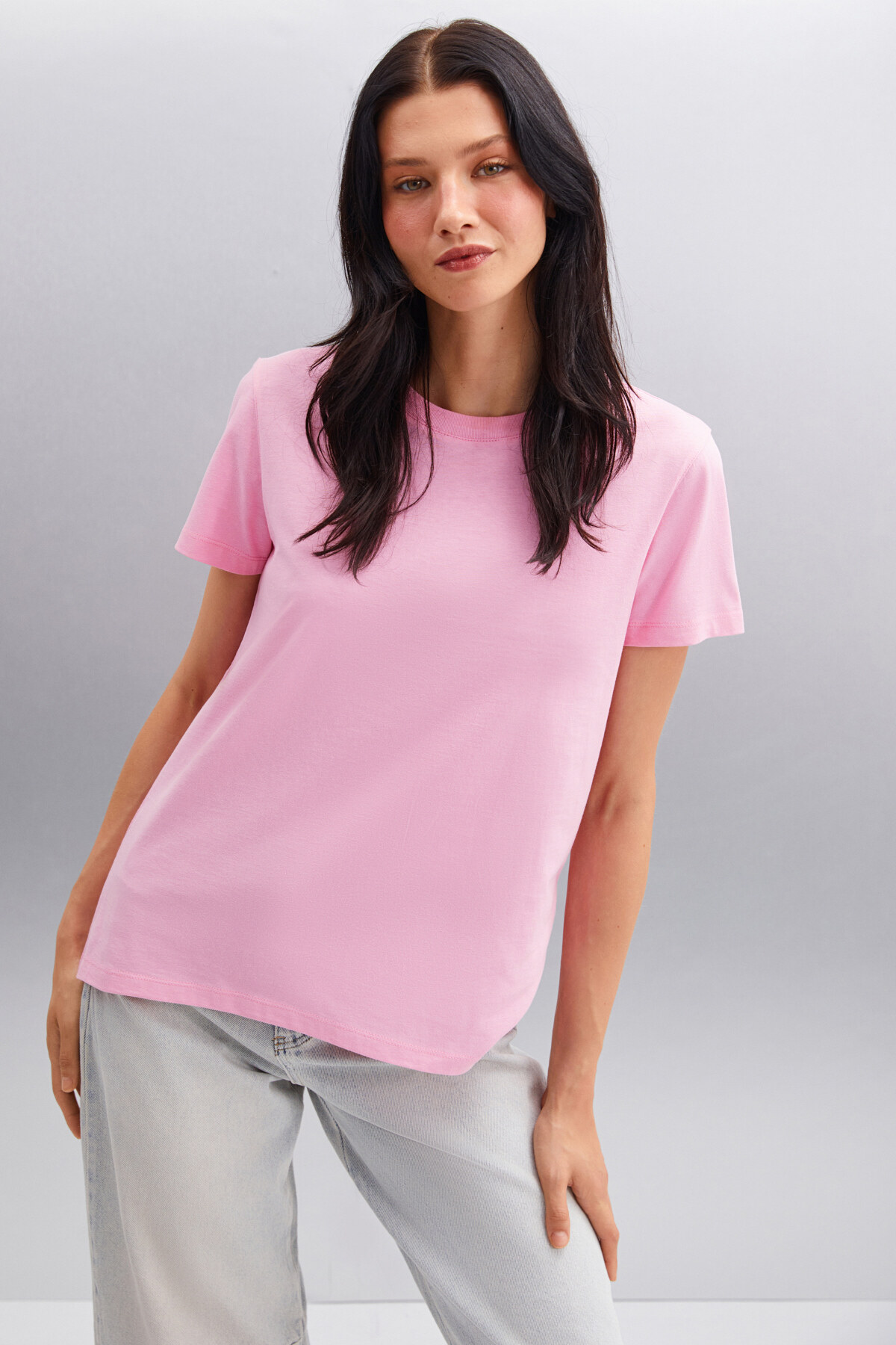 GRIMELANGE  Samantha Kadın %100 Organik Pamuklu Comfort Fit Arkası Uzun Basic Örme Pembe T-shirt - Görsel 4